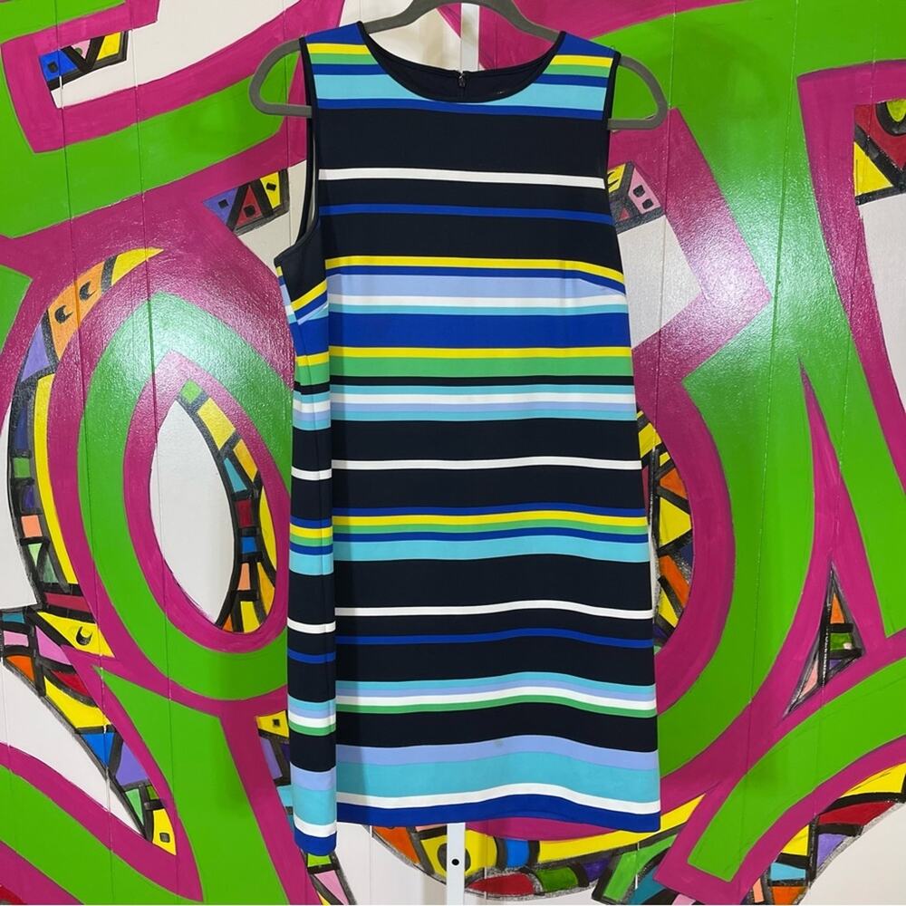 Maggy London, Striped Sleeveless Sheath Dress. Size 10. In excellent condition!
